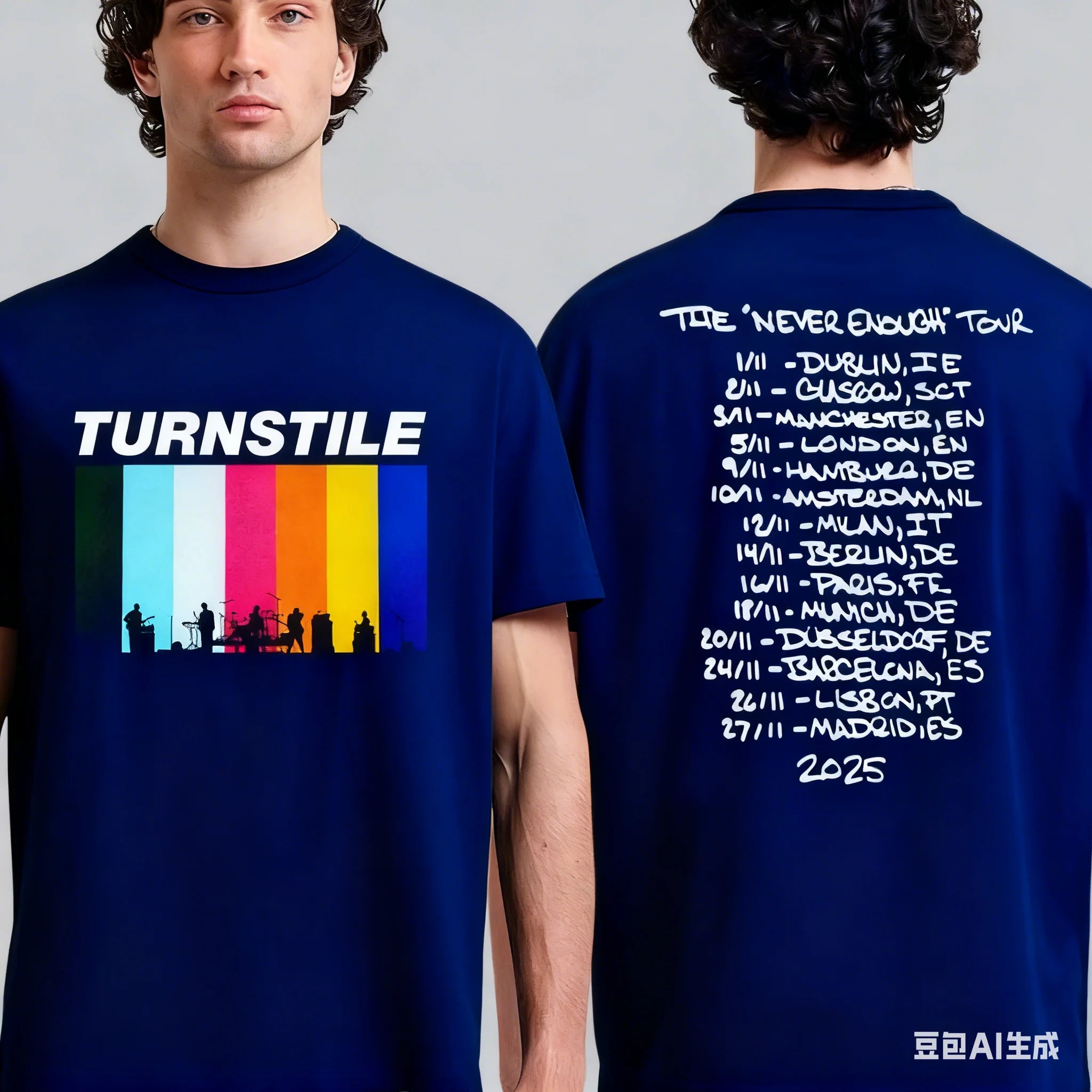 Turnstile Europe and The UK's _Never Satisfied Journey 2025_ Date T-shirt on The Back Can Be Worn By Both Men and Women