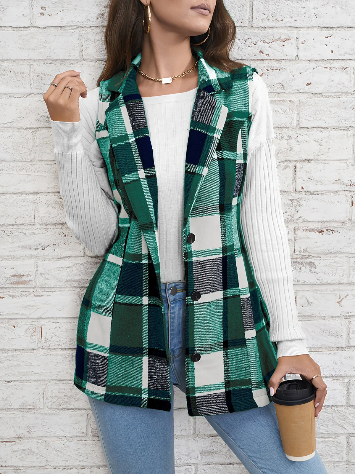 Europe America Hot selling women's elegant commuting lapel single breasted multicolored plaid spring and autumn vest