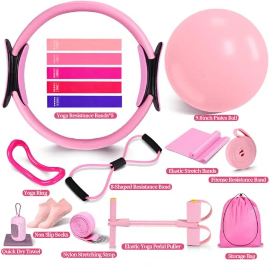 Pilates Essentials Kit for Women 15 Pcs Home Workout Equipment with Yoga Circle Ball Ring 5 Resistance Bands Pedal Puller Anti
