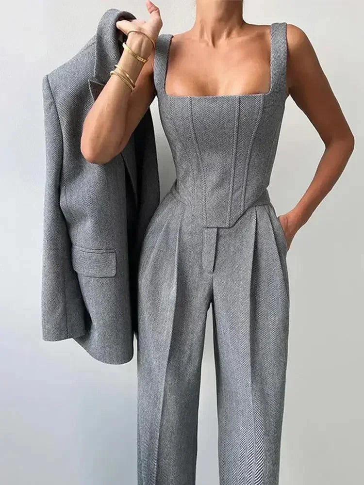 Temperament Fishbone Top Blazer Pants Sets 3 Pieces For Women Solid Jacket Crop Tops High Waist Pocket Pant Lady Office Set 2025