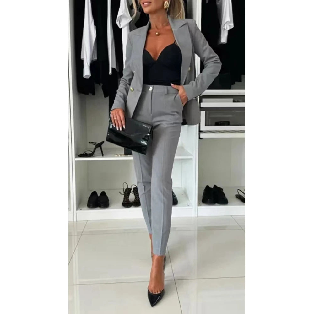 Women Casual Plain Blazer Coat & Work Pants Set Formal Solid OL Style 2 Pieces Set Bussiness Office Lady Suit Sets Workwear