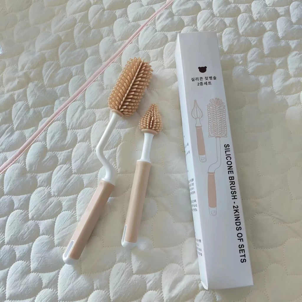 Korean Ins Newborn Bottle Nipple Brush Baby Special Long-handled Cleaning Brush Silicone Cleaning Brush Set