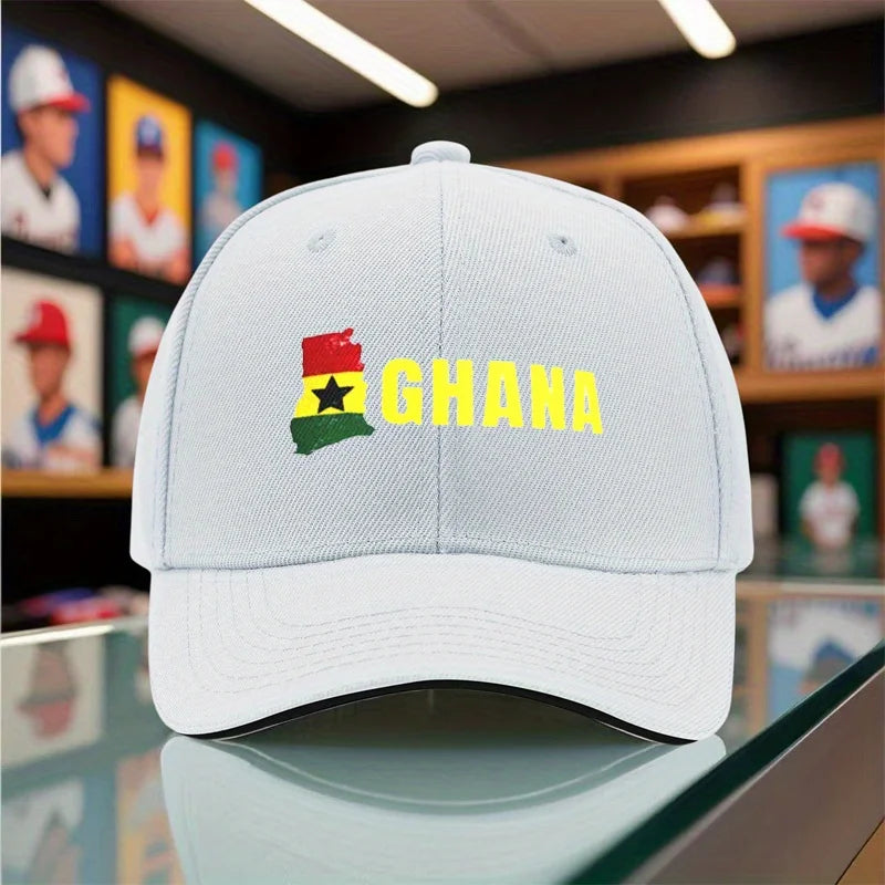 1pc Unisex Baseball Cap, New Style Breathable Black Snapback Hat with Ghana Print for Outdoor Camping, Travel, Running, Yoga, an