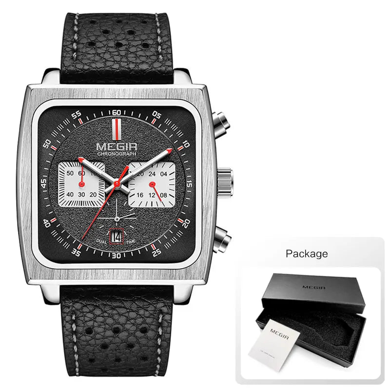 MEGIR Sport Quartz Watch Men Silver Blue Chronograph Dress Wristwatch with Stainless Steel Band Auto Date Luminous Hands 24-hour