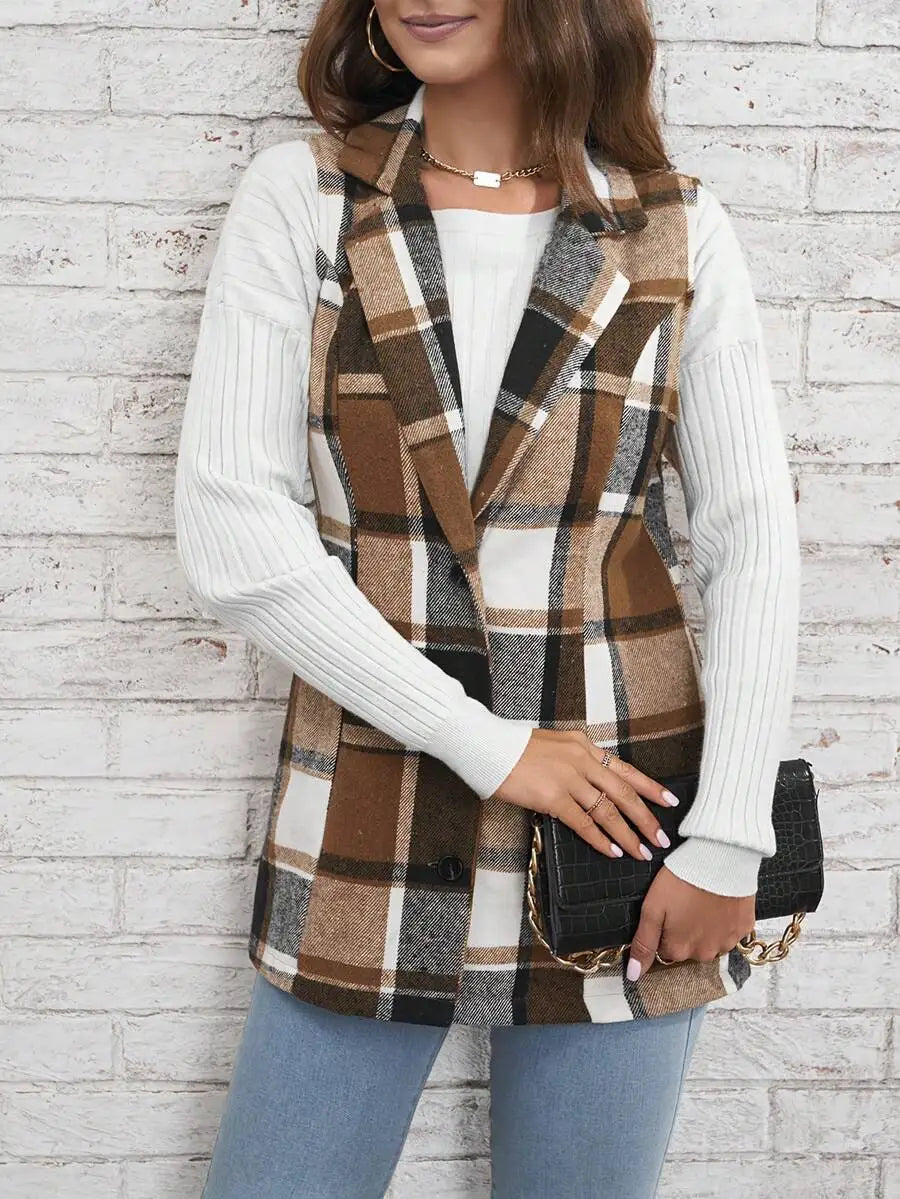 Women's Plaid Lapel Vest Jacket, Casual Longline Blazer with Button Closure