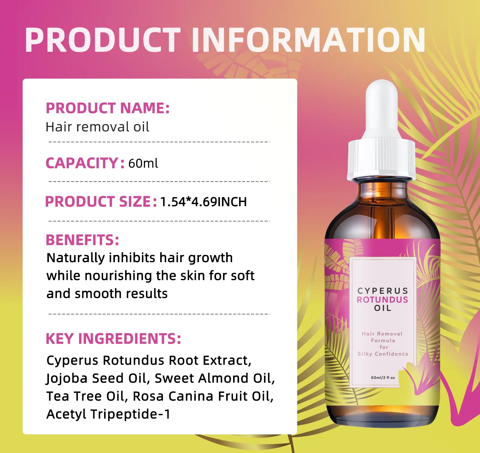 Natural Hair Growth Inhibitor Oil 60ml - Long-Lasting Reduction with Jojoba & Almond Oil for Smooth, Silky Skin, All Skin Types.