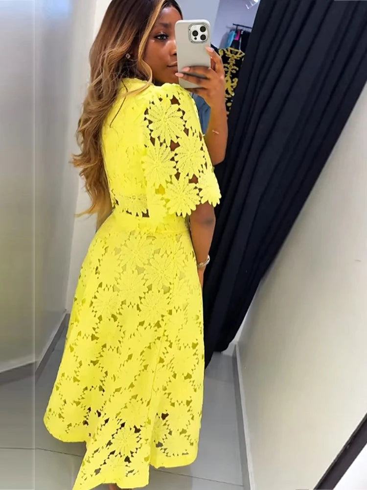 Skirt and Top Two Piece Set Women Sweet Style Appliques Hollow Out Ladies A Line Summer Dress Set Wholesale Dropshipping