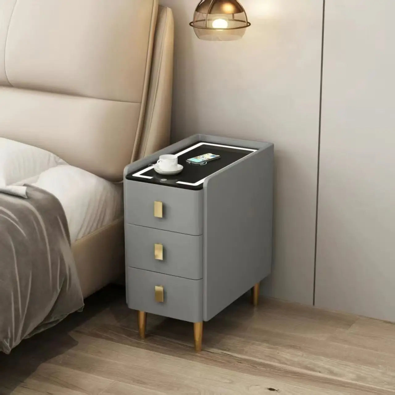 Nordic Style Intelligent Solid Wood Bedside Table Faux Leather 3 Drawers Nightstands with Wireless Charging Side Storage Cabinet