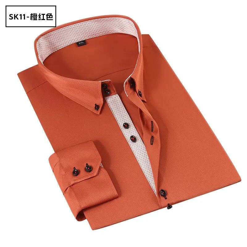 Men's Solid Color Patchwork Long Sleeve Shirt Business Casual Slim Fit Button Tops