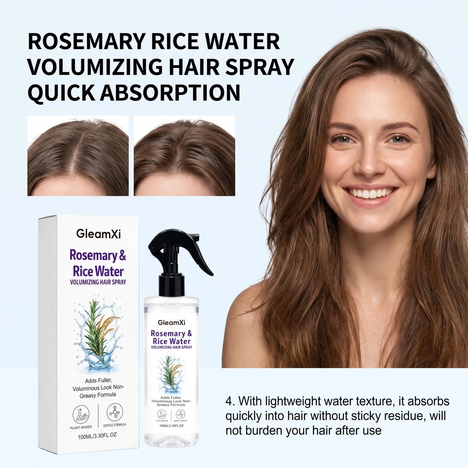 Rosemary Rice Water Volumizing Hair Spray Non Greasy Quick Absorption Smooth Nourish Flat Hair  Softer Smoother-Looking Hai