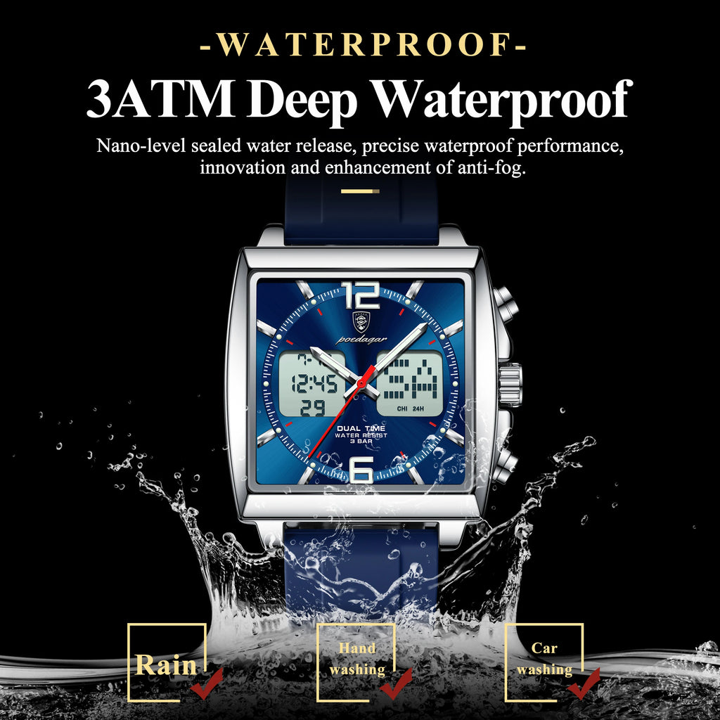POEDAGAR Luxury Top Man Watch Electronic Square LED Alarm Chronograph Men's Watches Week Date Dual Time Display Men Quartz Clock