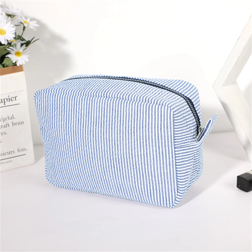 Seersucker Cosmetic Bag For Women Storage Makeup Bags Embroidery Toiletry Bag Bridesmaid Gift