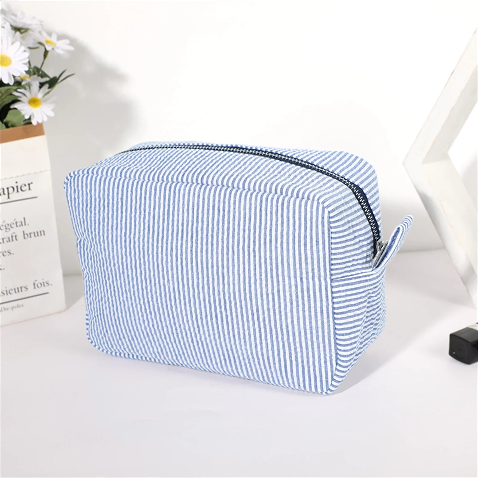 Seersucker Cosmetic Bag For Women Storage Makeup Bags Embroidery Toiletry Bag Bridesmaid Gift