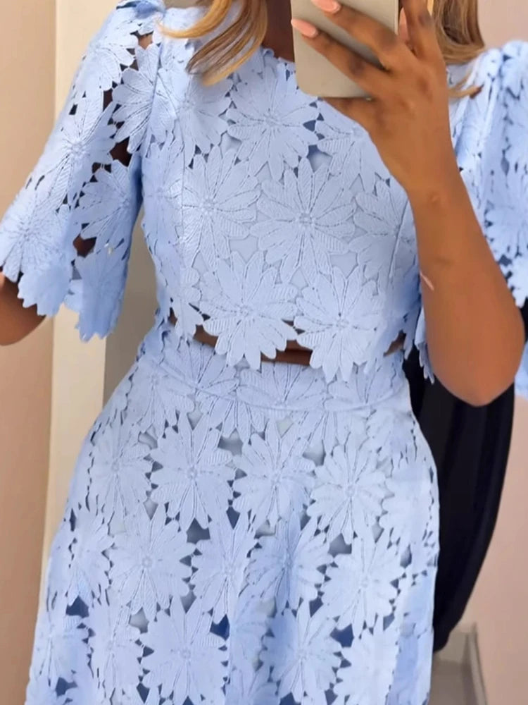 Skirt and Top Two Piece Set Women Sweet Style Appliques Hollow Out Ladies A Line Summer Dress Set Wholesale Dropshipping