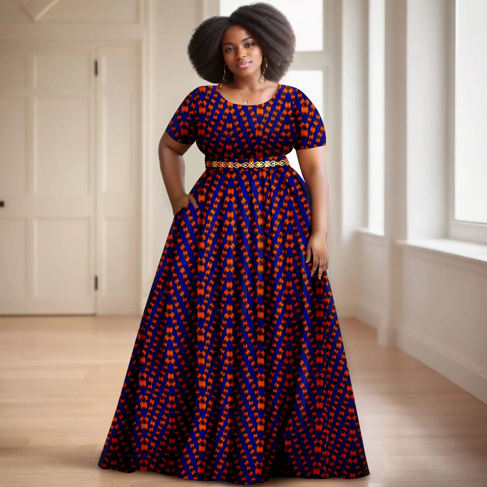 Afripride African Women's Dresses Ankara Batik Short Sleeve Gold Stamped Belt Accessory Dress 2425127