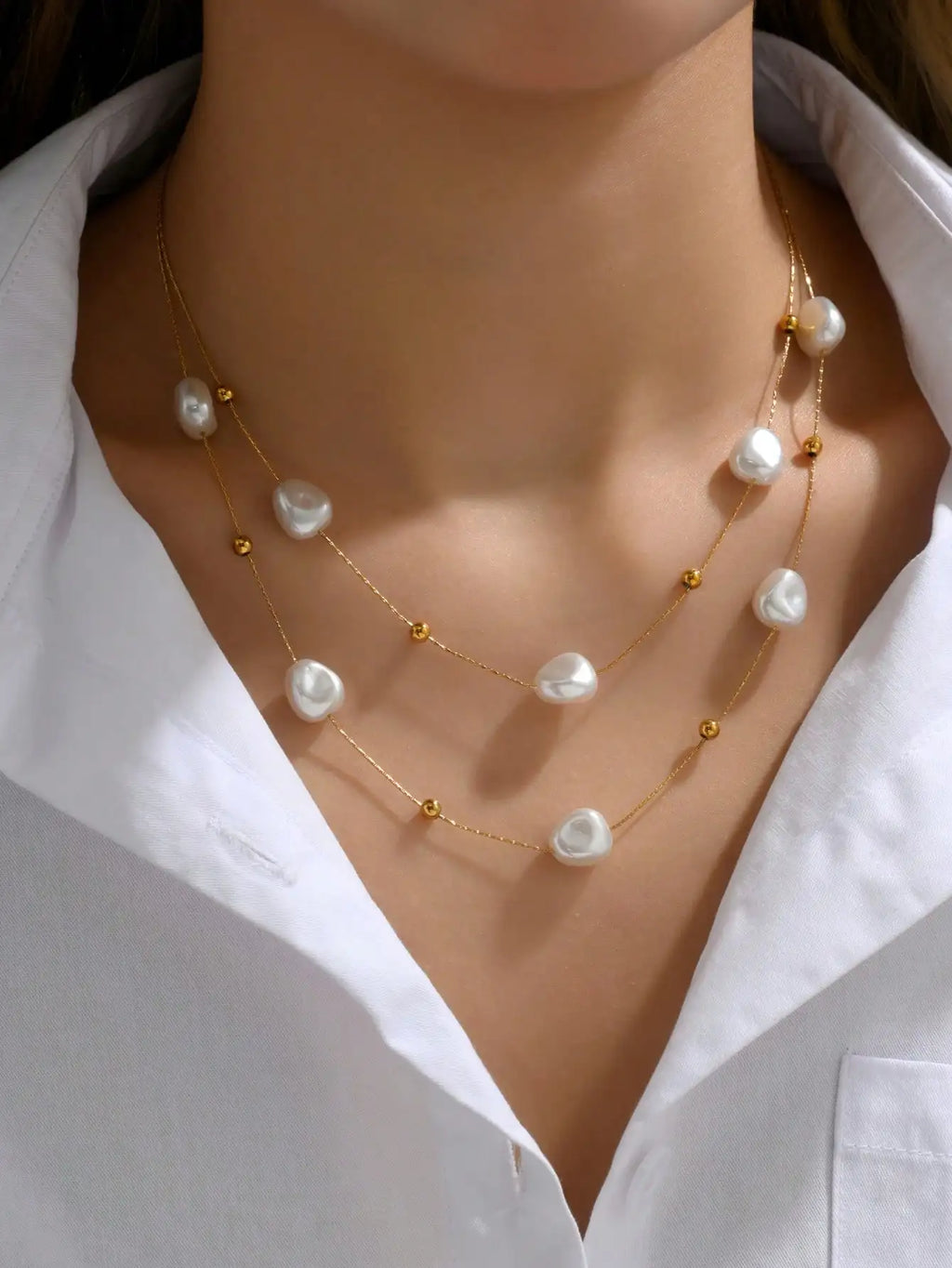 Stainless Steel Double Layer Pearl Necklace For Women Daily Wear Gift