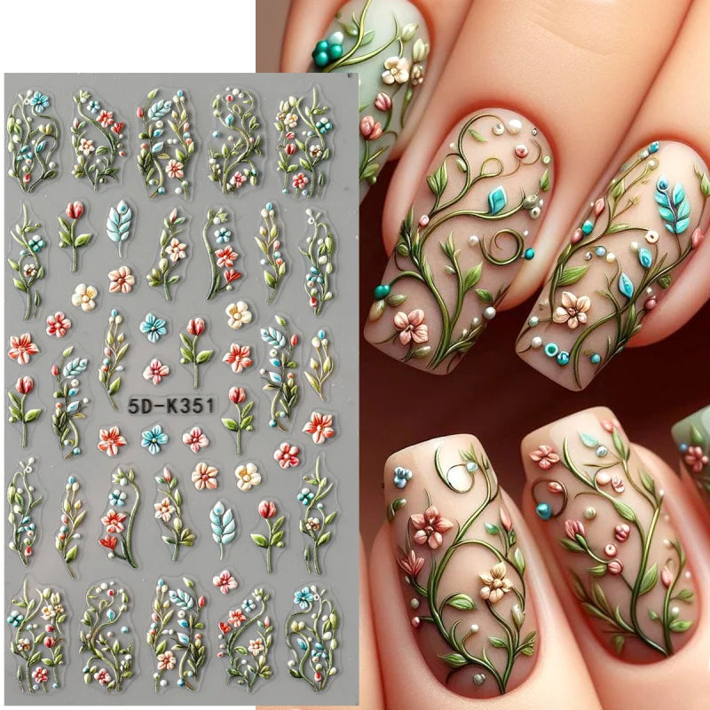 5D Daisy Embossed Nail Stickers Spring Fresh Floral Designs Acrylic Five-Petal Flower Self-Adhesive Nail Art Decals Decorations