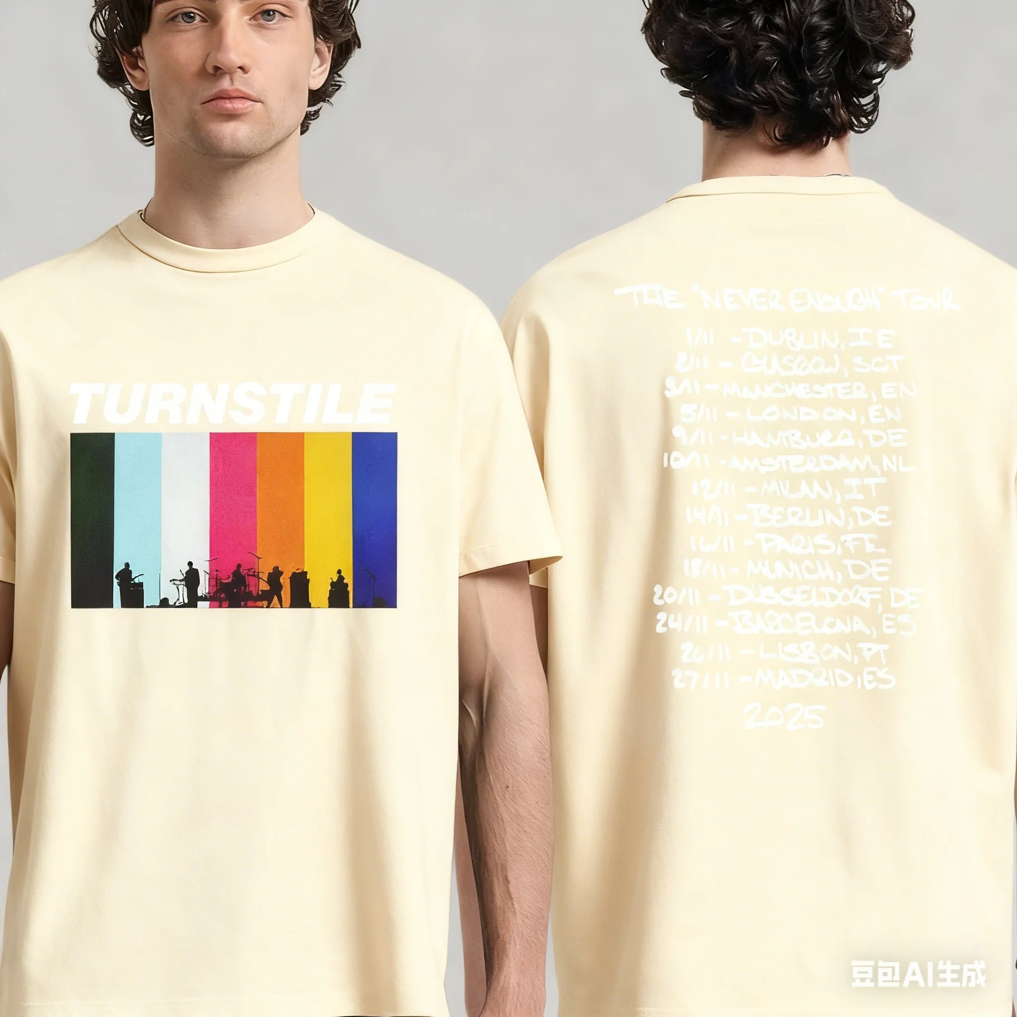 Turnstile Europe and The UK's _Never Satisfied Journey 2025_ Date T-shirt on The Back Can Be Worn By Both Men and Women