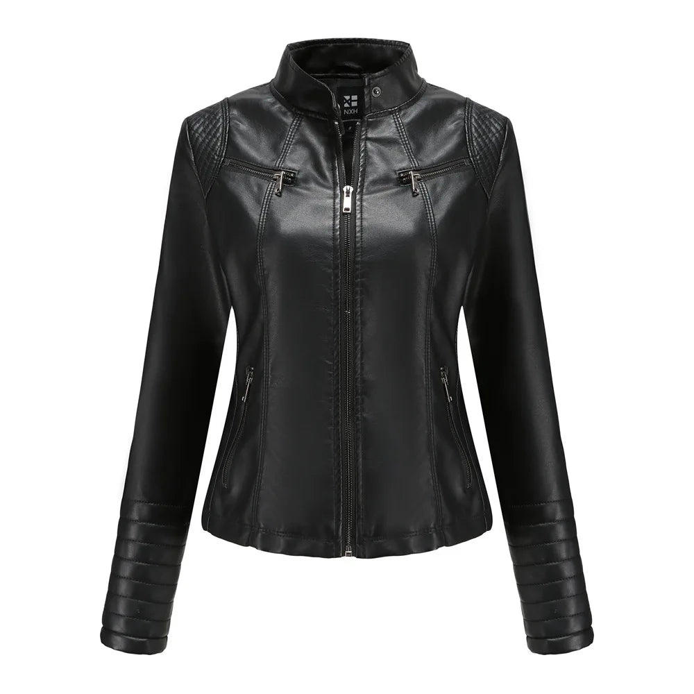Faux Leather Motorcycle Jacket for Women, Female Coat, Moto Biker, Purple, Black,  Autumn, Spring, Fashion