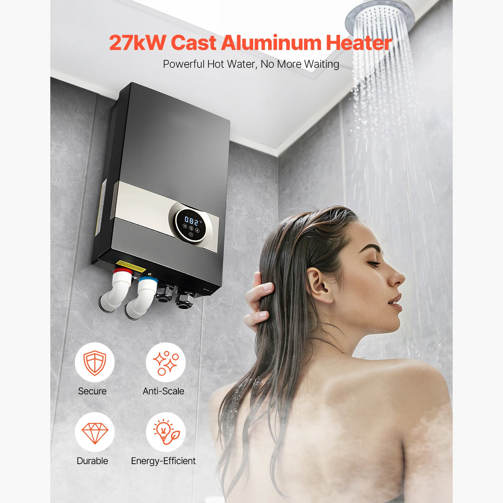 SucceBuy Tankless Electric Water Heater 27/36kW Instant Hot Water Heater Under Sink On Demand for Bathroom Child Security Lock