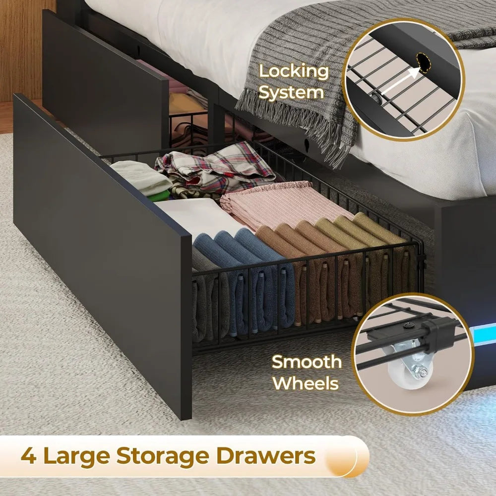 VIAGDO Queen Bed Frame with Bookcase Headboard, Wooden Bed Frame Queen Size with Charging Station, 4 Storage Drawers and LED Lig