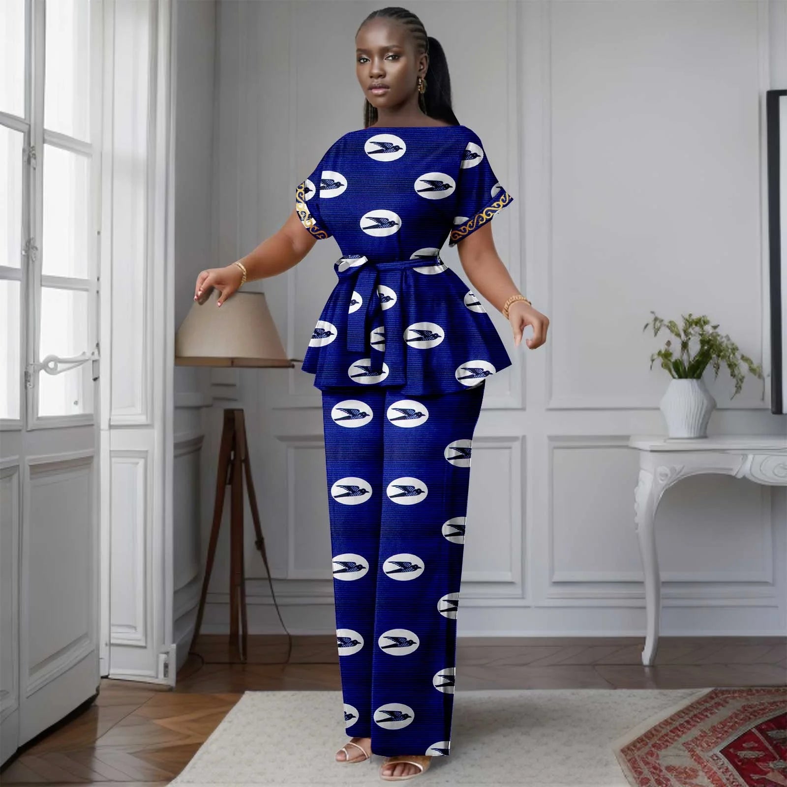 African Women's Printed Ankara Slash Neck Short Sleeve Top Mid-Calf Pants two-piece Set Dashiki Casual Party