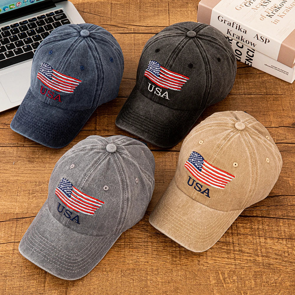 USA American Flag Embroidered Washed Cotton Baseball Cap for Men Women Vintage Adjustable Dad Hat Patriotic Outdoor