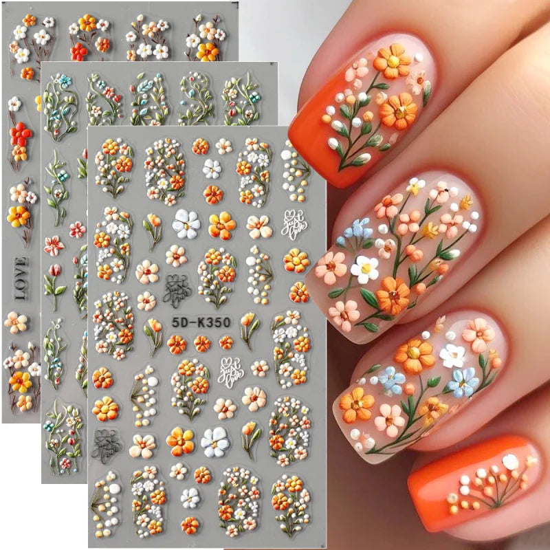 5D Daisy Embossed Nail Stickers Spring Fresh Floral Designs Acrylic Five-Petal Flower Self-Adhesive Nail Art Decals Decorations
