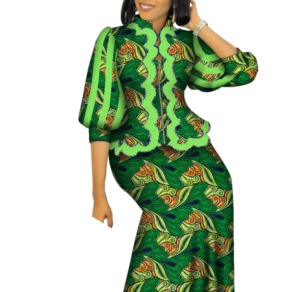 African Outfits for Women Matching 2 Piece Set African Print Puff Sleeve Zipper Top and Long Skirts Suits for Women WY1469