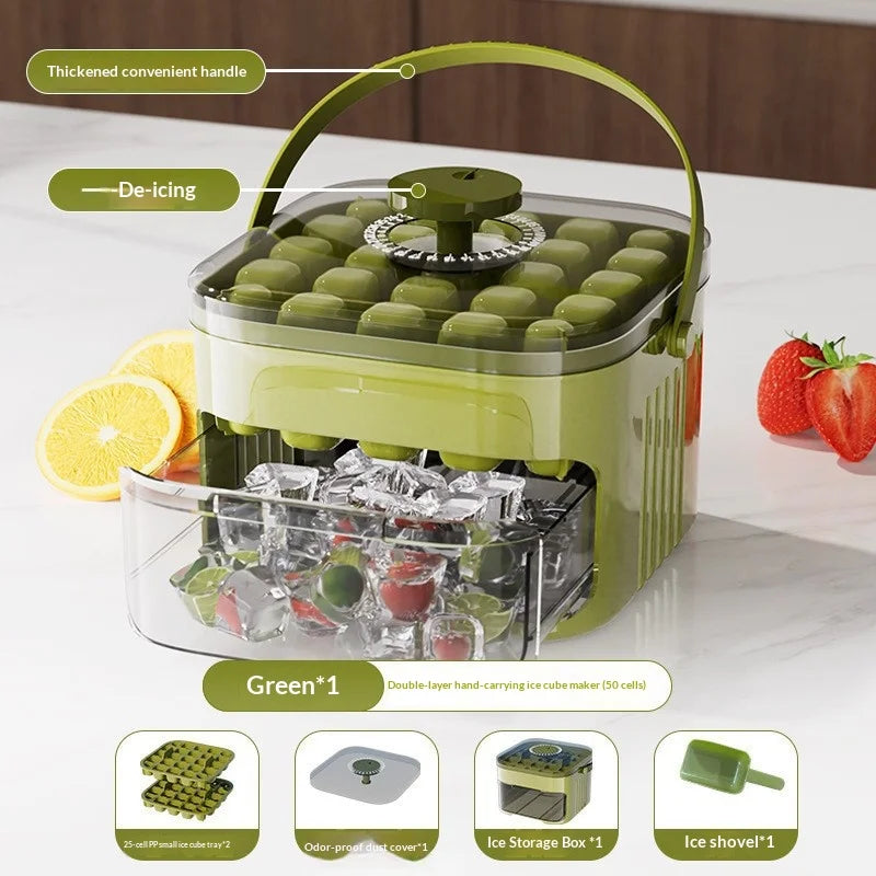 Press-down ice tray, ice cube mold, ice maker, easy-release plastic mold, large-capacity ice bucket for home use.