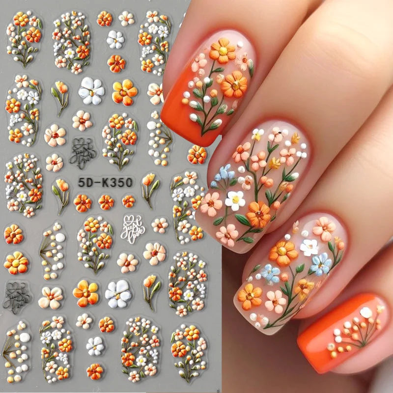 5D Daisy Embossed Nail Stickers Spring Fresh Floral Designs Acrylic Five-Petal Flower Self-Adhesive Nail Art Decals Decorations
