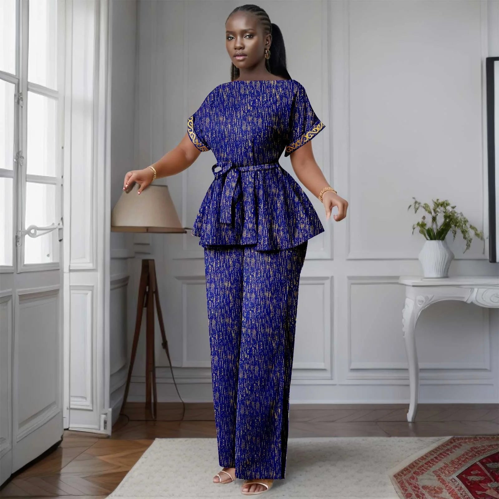 African Women's Printed Ankara Slash Neck Short Sleeve Top Mid-Calf Pants two-piece Set Dashiki Casual Party