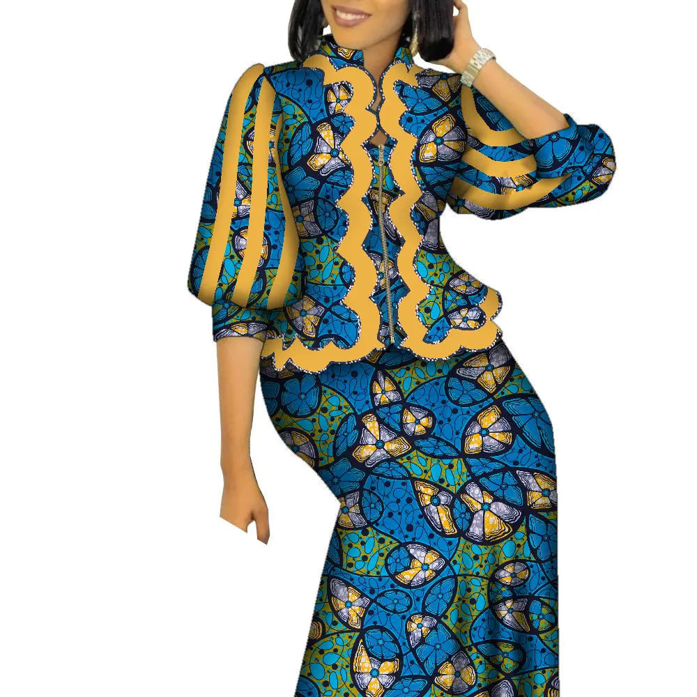 African Outfits for Women Matching 2 Piece Set African Print Puff Sleeve Zipper Top and Long Skirts Suits for Women WY1469
