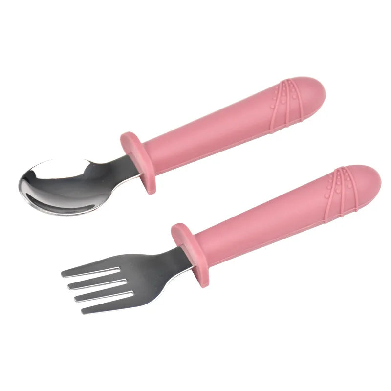 Stainless Steel Fork Spoon Baby Training Dining Accessories Tableware Food grade Silicone Long Handle Set