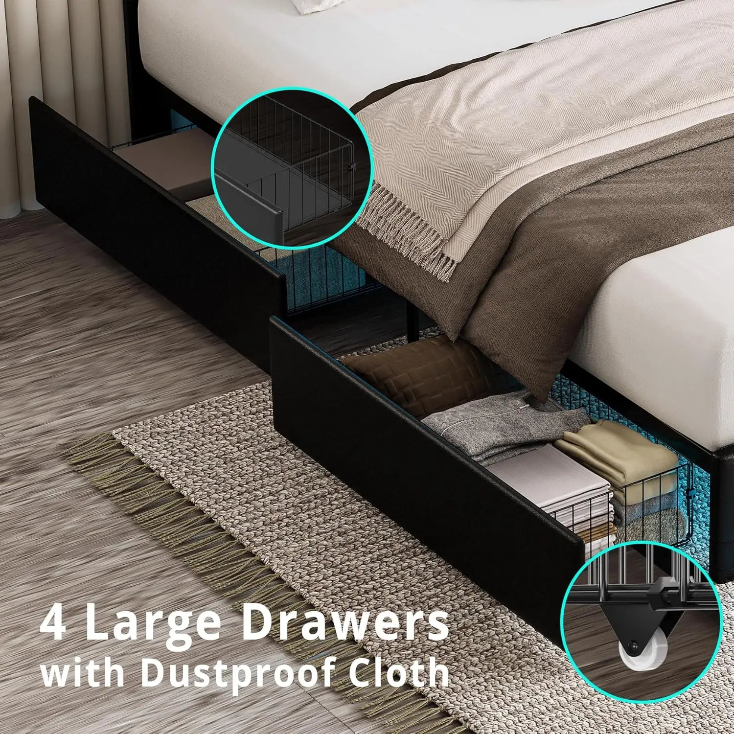 Full Size Bed Frame with LED Light, PU Leather Platform Bed Frame with 4 Drawers, Adjustable Crystal Button Tufted Headboard, No