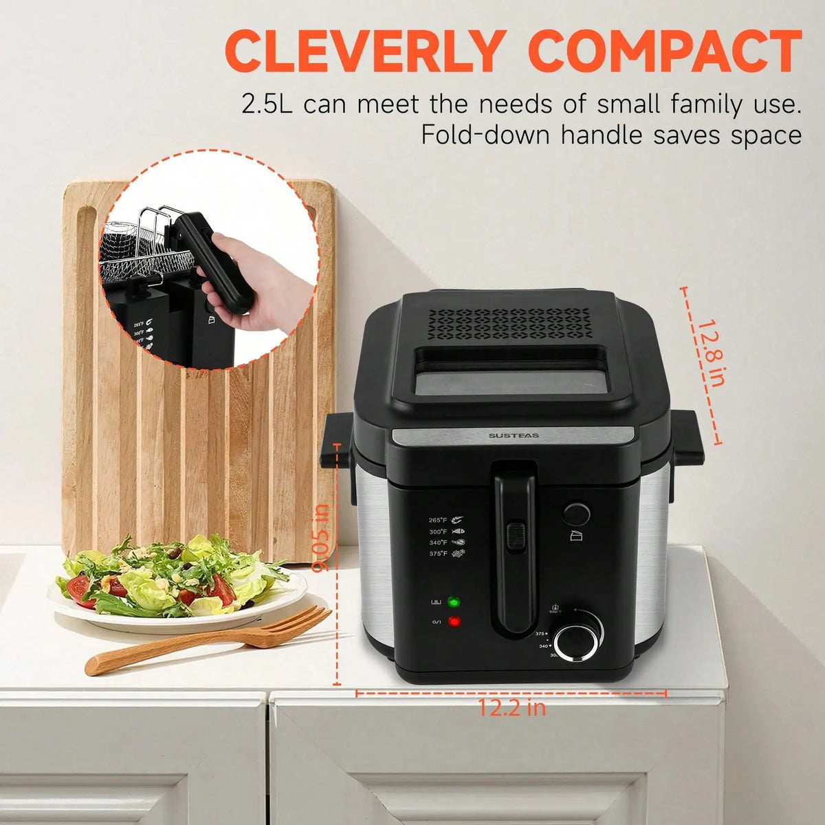 1500W Electric Deep Fryer with Basket, 2.5L 304 Stainless Steel Home Fryer with Temp Control, Removable Lid & Non‑Stick Inner Pot