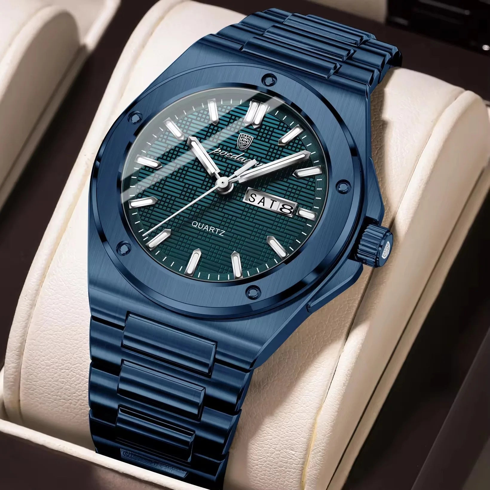 Poedagar 696 Hot Sale Men Stainless Steel Band Quartz Movement Watch Waterproof Fashion Business Luminous Calendar Wristwatch