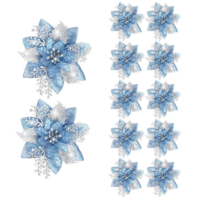 Glitter Artifical Christmas Flowers Mreey Christmas Tree Decoration Happy New Year Ornaments Xmas Fake Flowers Natal