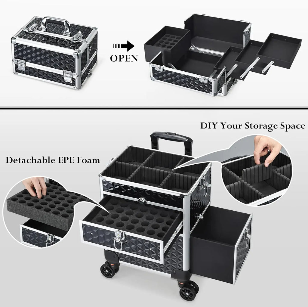 Rolling Makeup Case with Wheels Drawers Large Professional Cosmetology Trolley Case Lockable Travel Cosmetic Storage Train Cases
