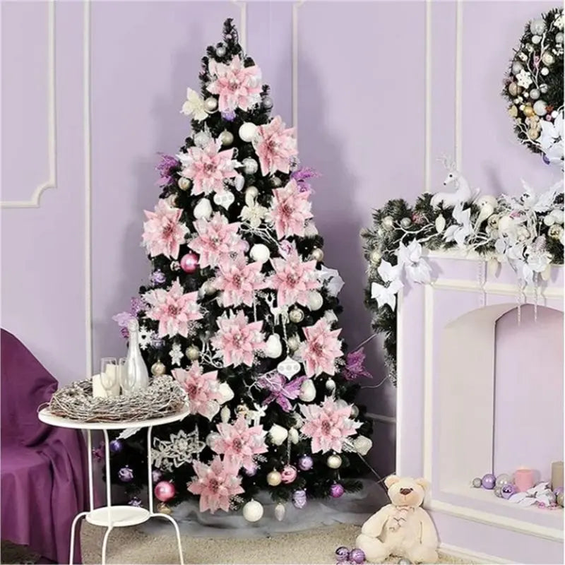 【EFFICIENT 】40PCS 14.5Cm Glitter Artificial Christmas Flowers Merry Christmas Tree Decoration Happy New Year Ornaments Xmas,A