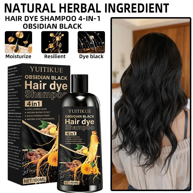 Obsidian black hair dye shampoo 4-in-1, long-lasting color, natural instant effect, black coverage, natural plant ingredients