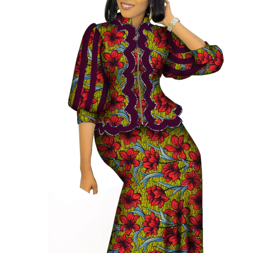 African Outfits for Women Matching 2 Piece Set African Print Puff Sleeve Zipper Top and Long Skirts Suits for Women WY1469