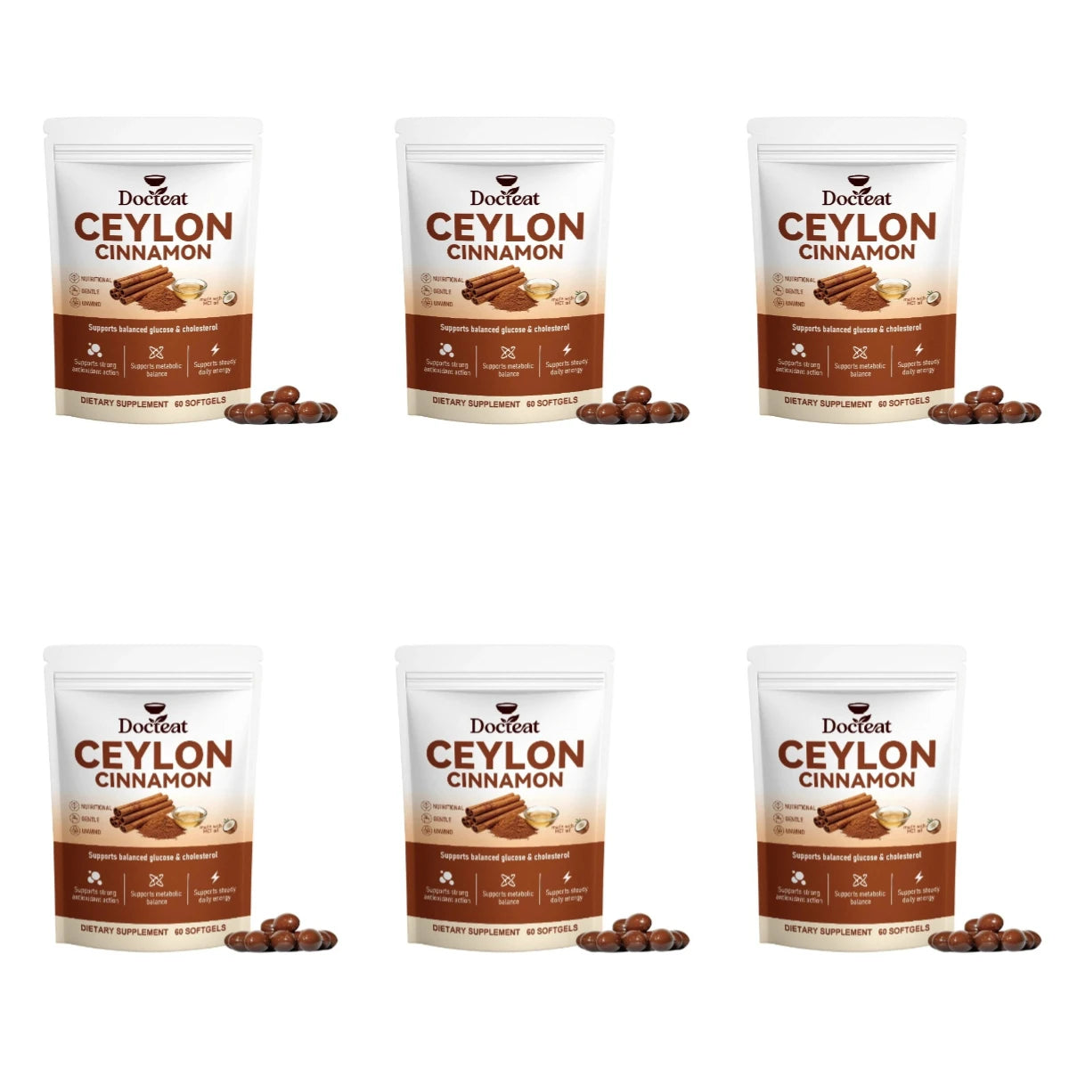 Docteat Energy Support Softgels Ceylon Cinnamon Antioxidant Action and Metabolic Balance 60 CT for Adults Daily Vitality