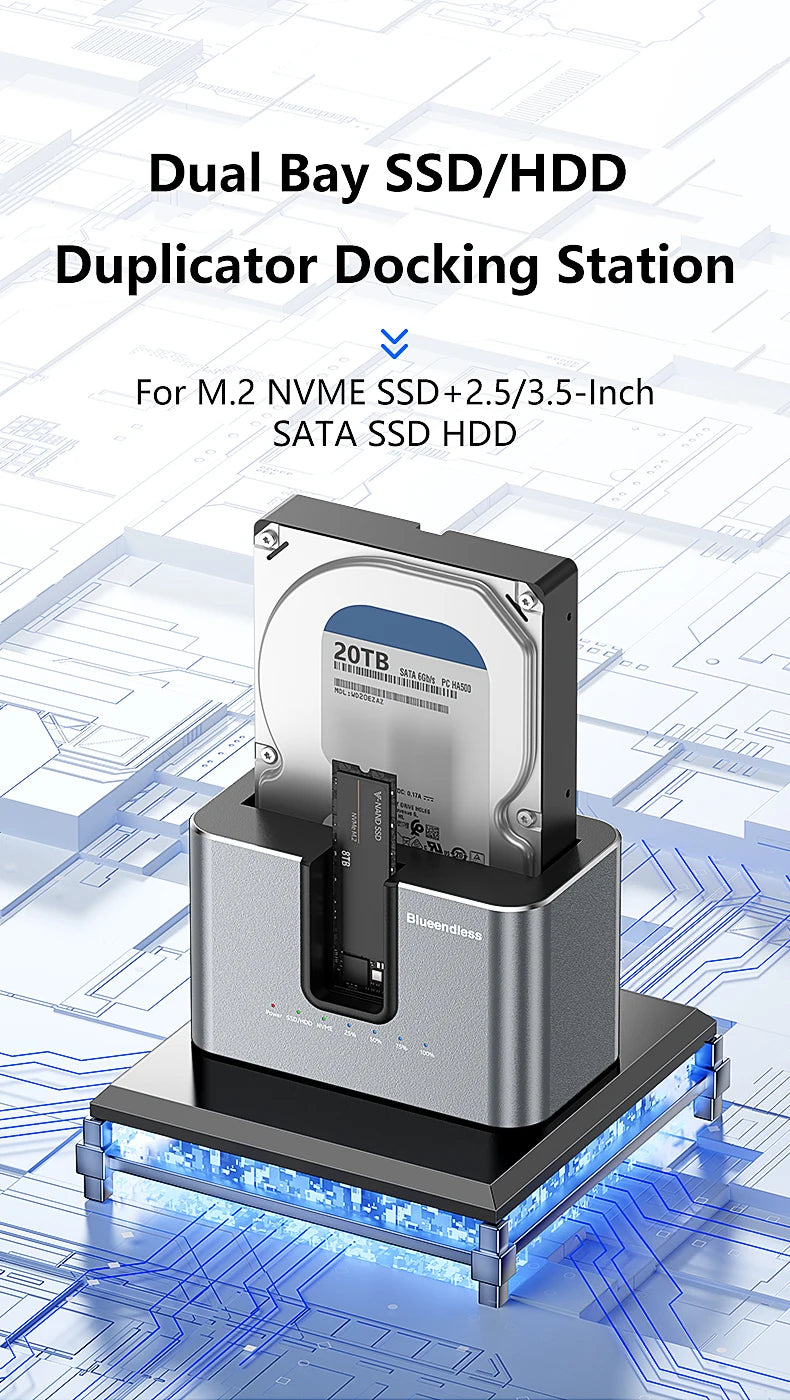 Blueendless offline Clone Function M.2 NVME to SATA 2.5 3.5 2.5/3.5 Inch SSD HDD Duplicator Docking Station Enclosure Adapter
