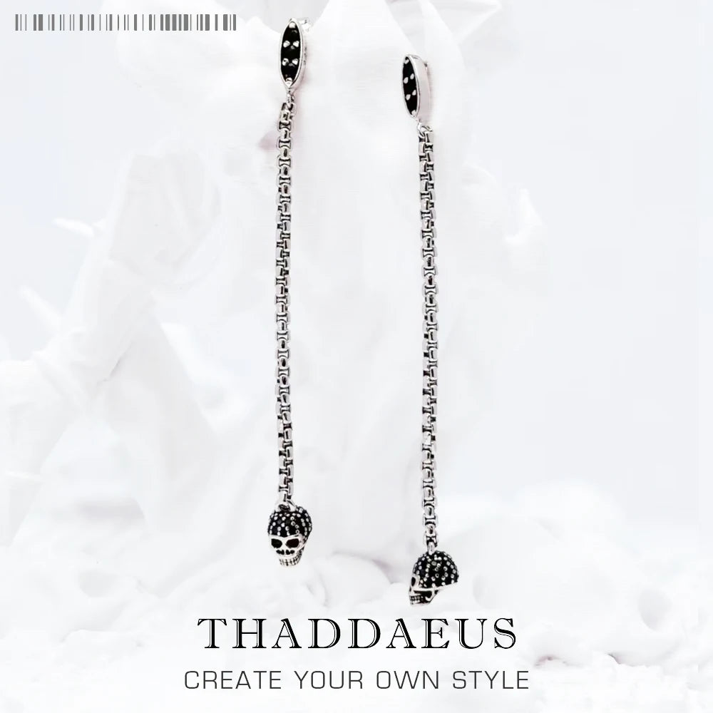 Long Earring Black Stone Skull Women Punk Gift High Quality 925 Sterling Silver Fine Jewelry