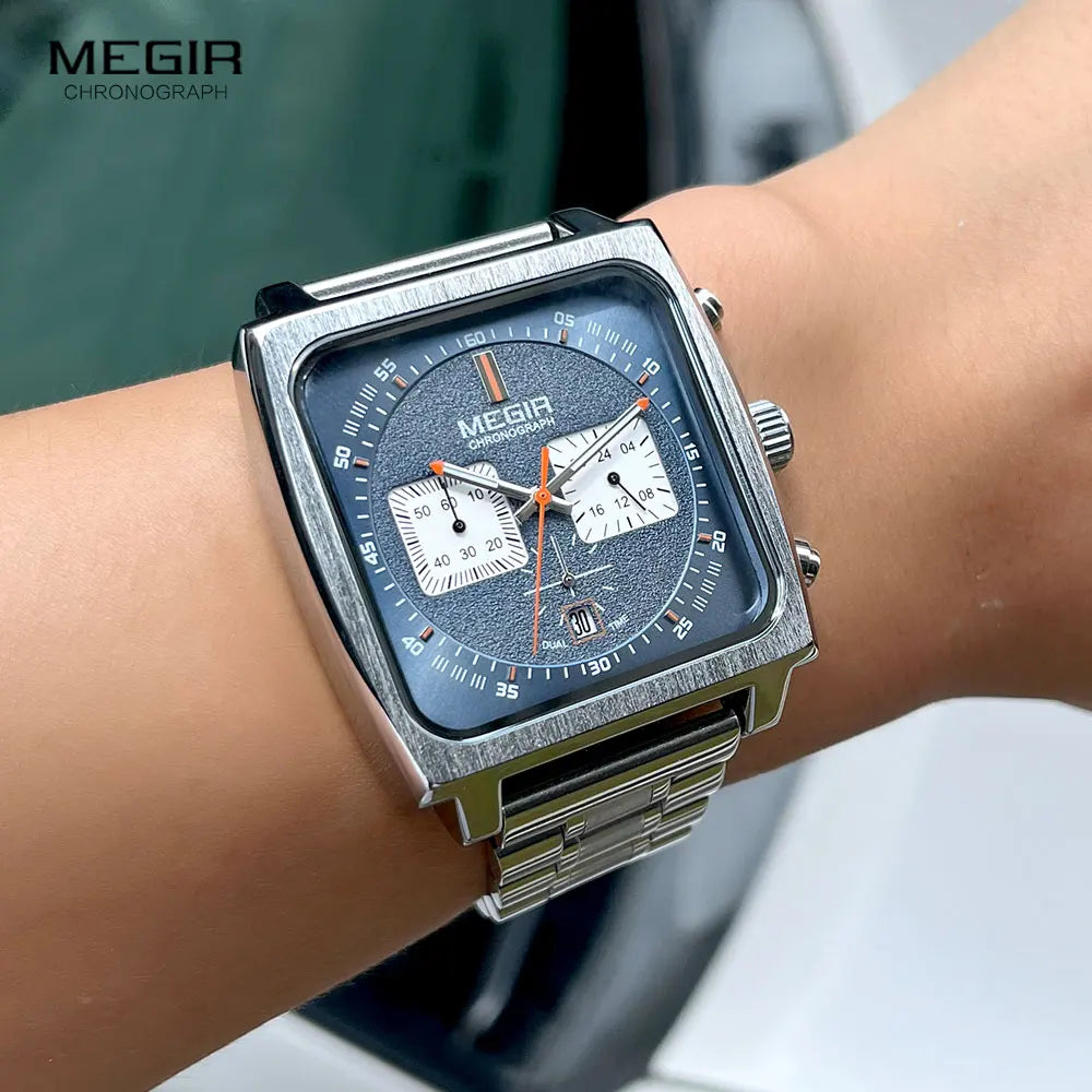 MEGIR Sport Quartz Watch Men Silver Blue Chronograph Dress Wristwatch with Stainless Steel Band Auto Date Luminous Hands 24-hour