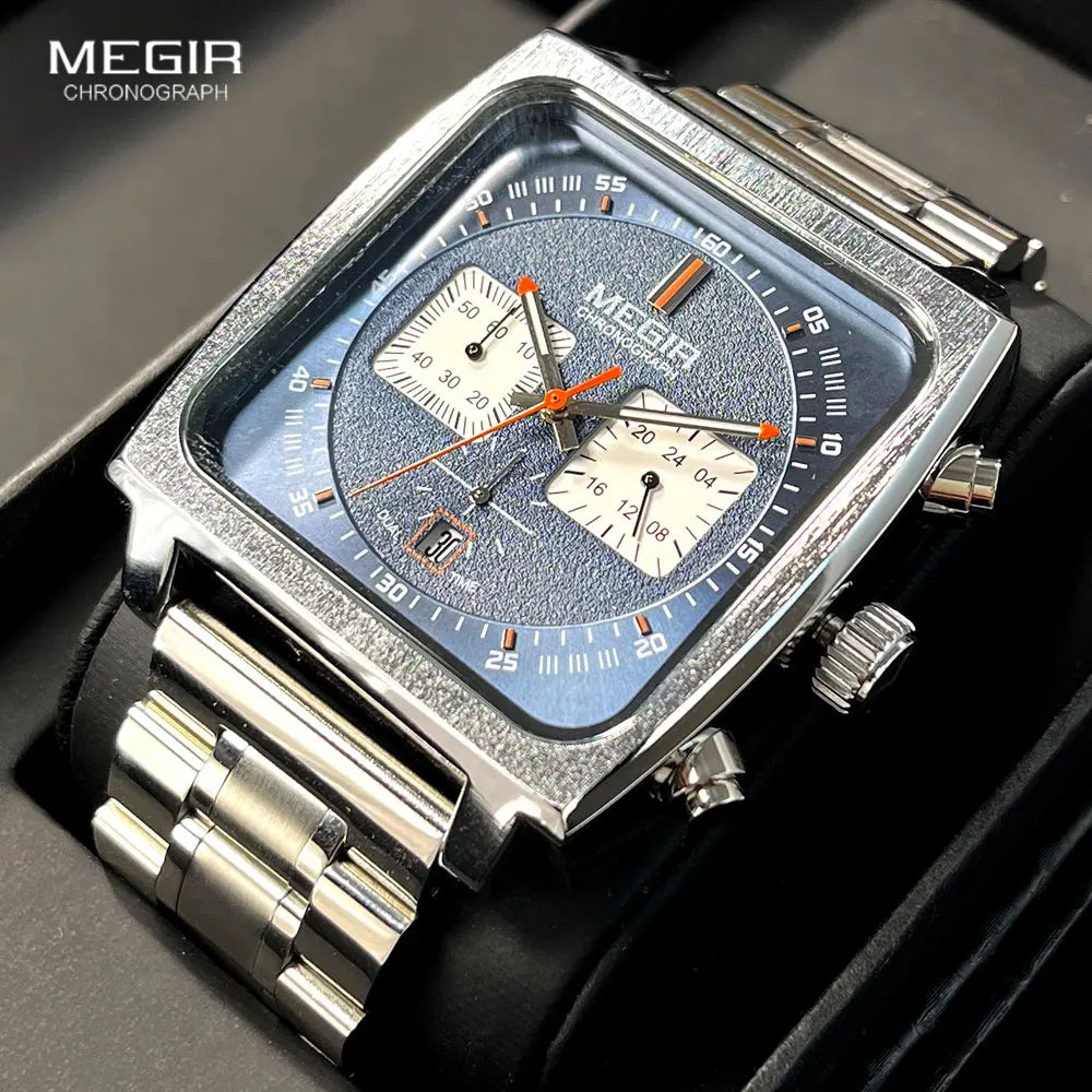 MEGIR Sport Quartz Watch Men Silver Blue Chronograph Dress Wristwatch with Stainless Steel Band Auto Date Luminous Hands 24-hour