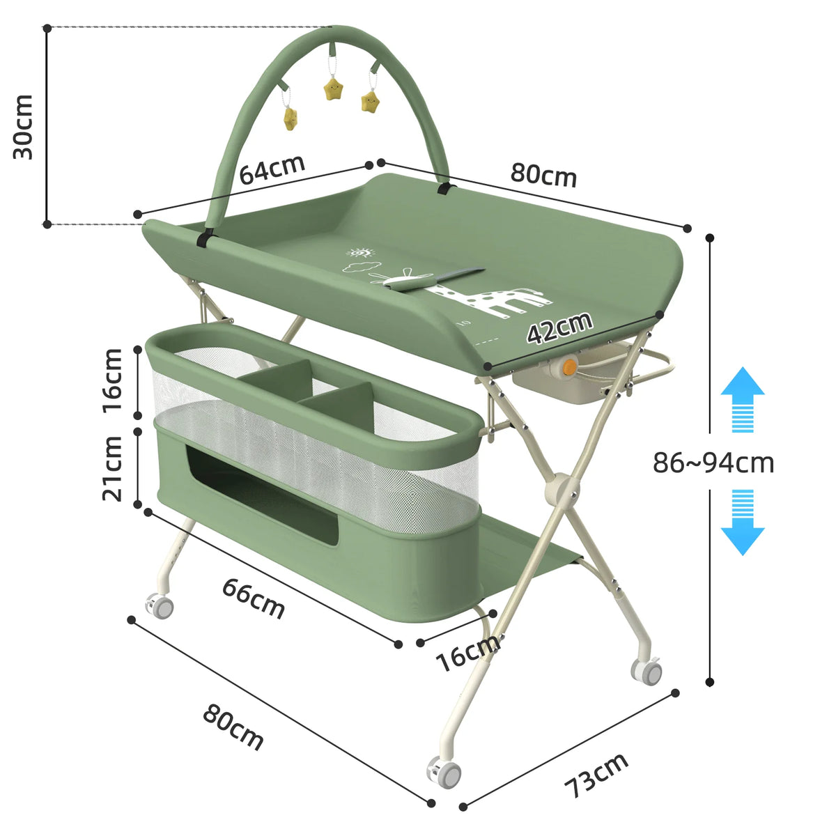 4 in 1 Folding Changing Table, Mobile Changing Unit, Height-adjustable Changing Station With Toy Arch & Storage Basket