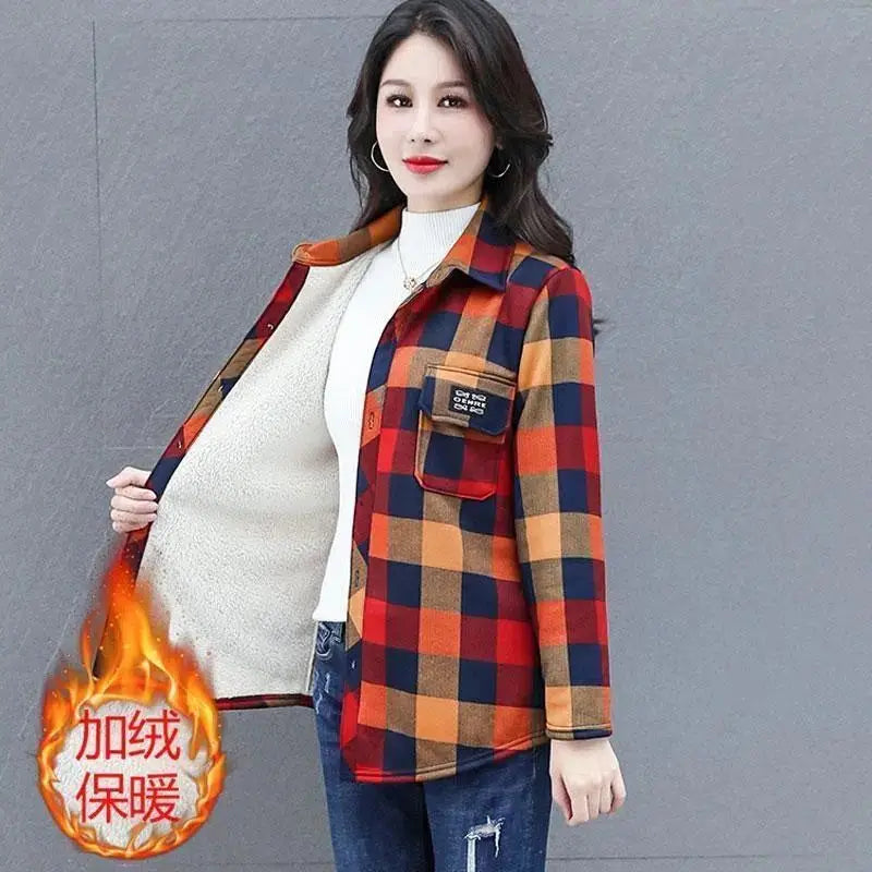 Autumn Winter Fashion Plus Velvet Harajuku Tops Women Loose Casual All Match Outerwear Lattice Shirt Long Sleeve Button Blusa