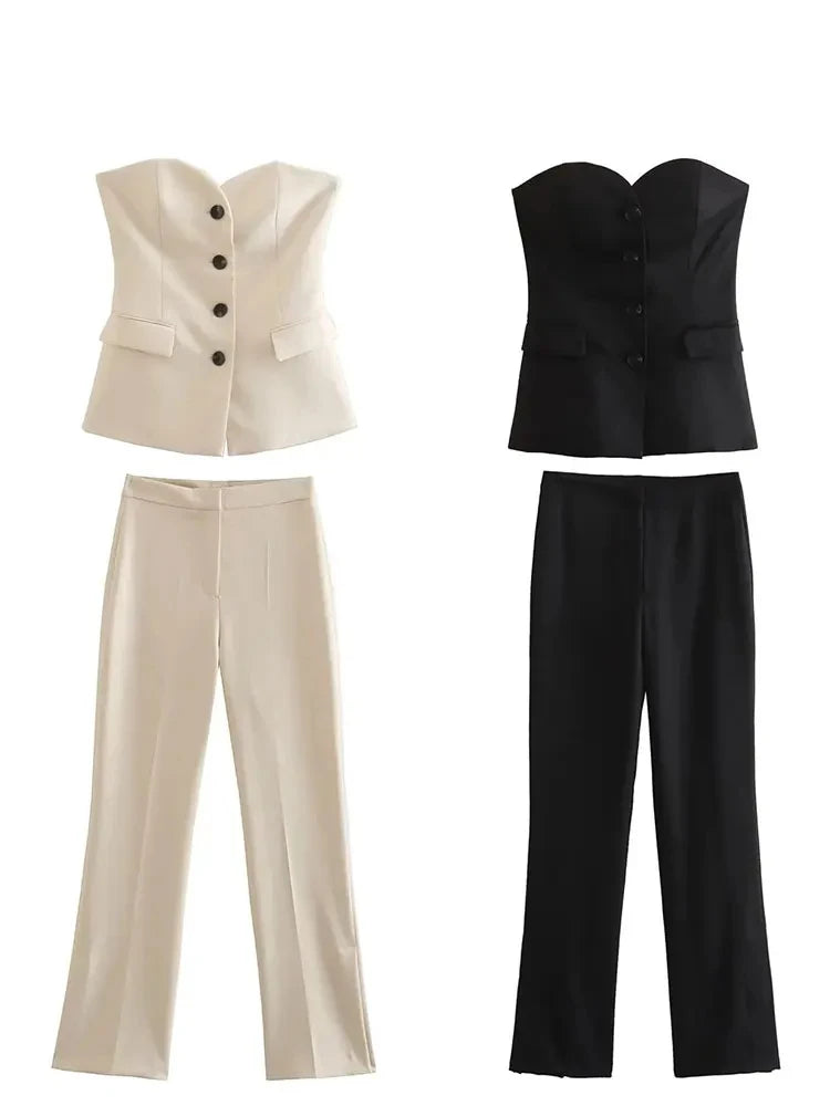 HH 2024 Women Solid Tube Top Pant Suit Sleeveless Off Shoulder Single Breasted Tube Top+All-match Straight Trousers Set TRAF